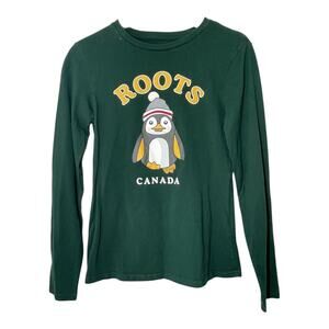 Roots Canada Long Sleeve T-Shirt Penguin Graphic Print Forest Green Size Small